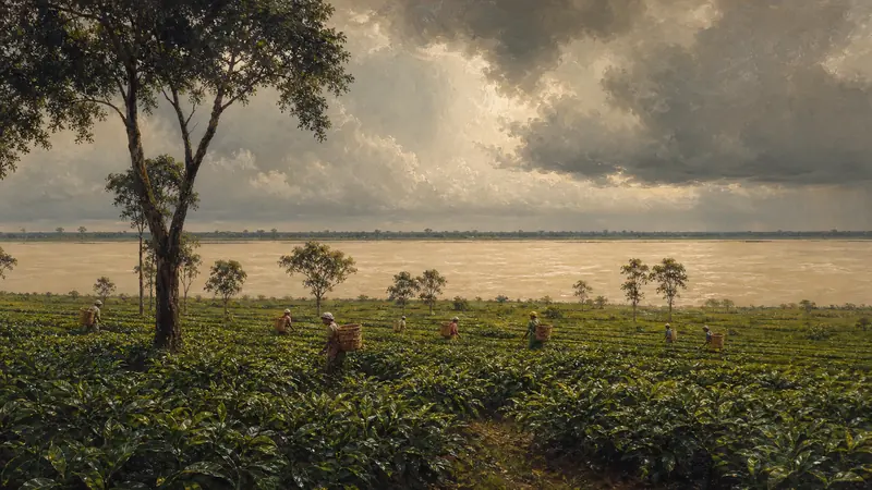 Small tea pickers working flat Assam rows beneath a huge monsoon sky beside the wide silt-brown Brahmaputra.