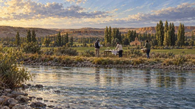 Three people setting a tea table beside the Chubut River, with poplar windbreaks and ochre Patagonian bluffs beyond.