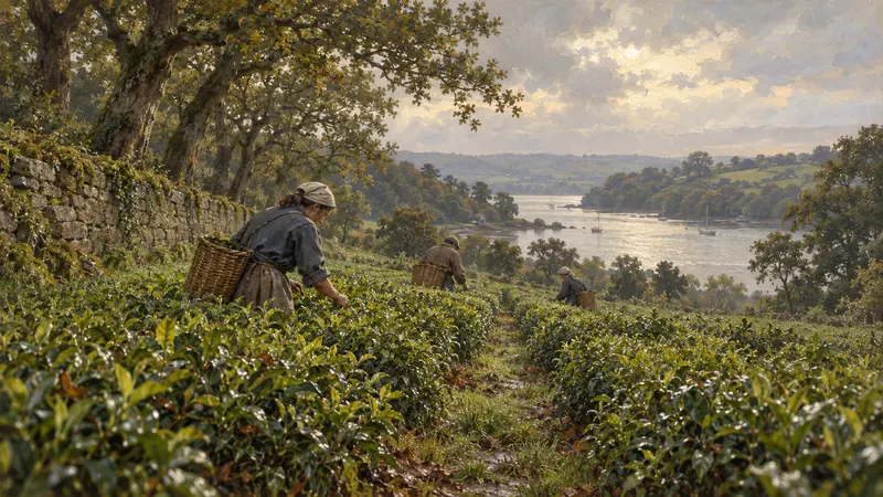 A low view down orderly Cornish tea rows beneath old oaks, ending at a pale tidal creek in cool grey-gold light.