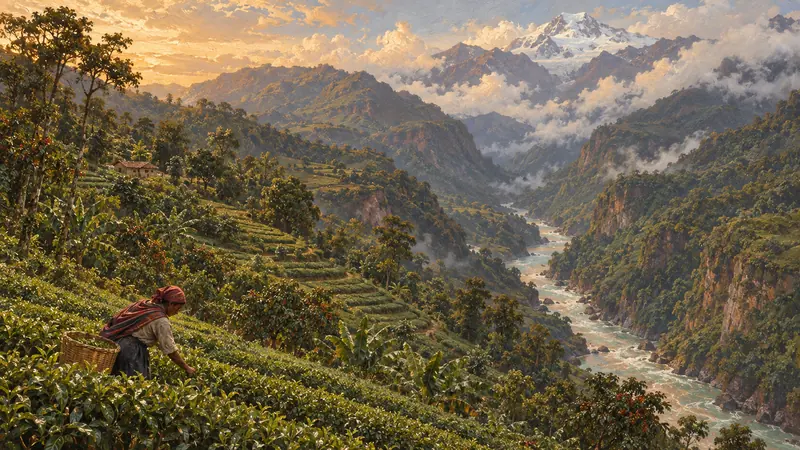 Tea terraces on a steep Peruvian cloud-forest slope above the Lucumayo, with a pale Andean peak rising beyond copper mist.