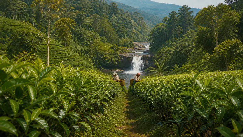 A low view down a bright Ceylon tea row toward distant pickers, a waterfall and the Mahaweli beyond.
