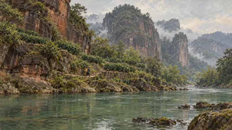 A tea worker following a narrow stone path beside the green Jiuqu stream below sheer Wuyi cliffs planted with tea.