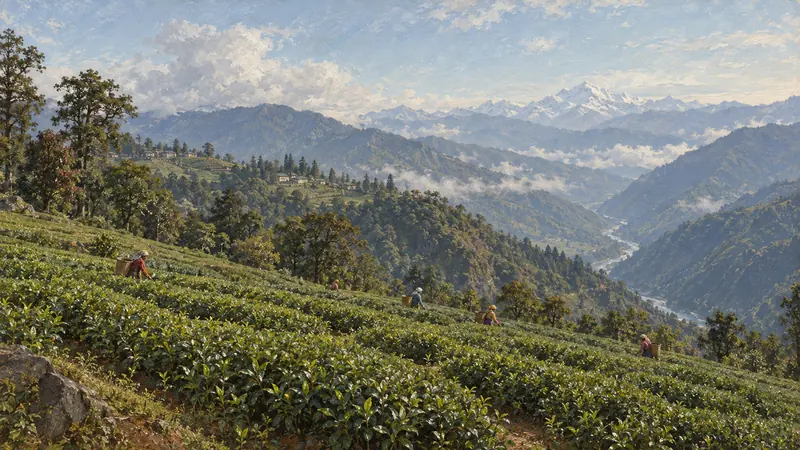 Small tea workers crossing the high Temi garden beneath a cold Himalayan sky, with the Rangit a silver thread far below.