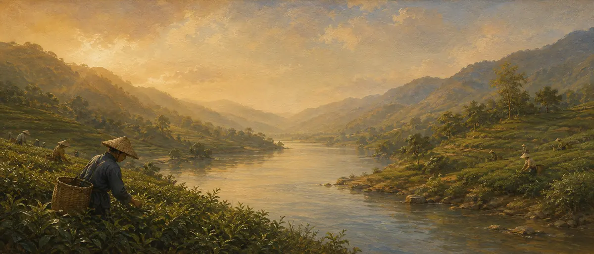 Tea fields and workers beside a calm river valley.