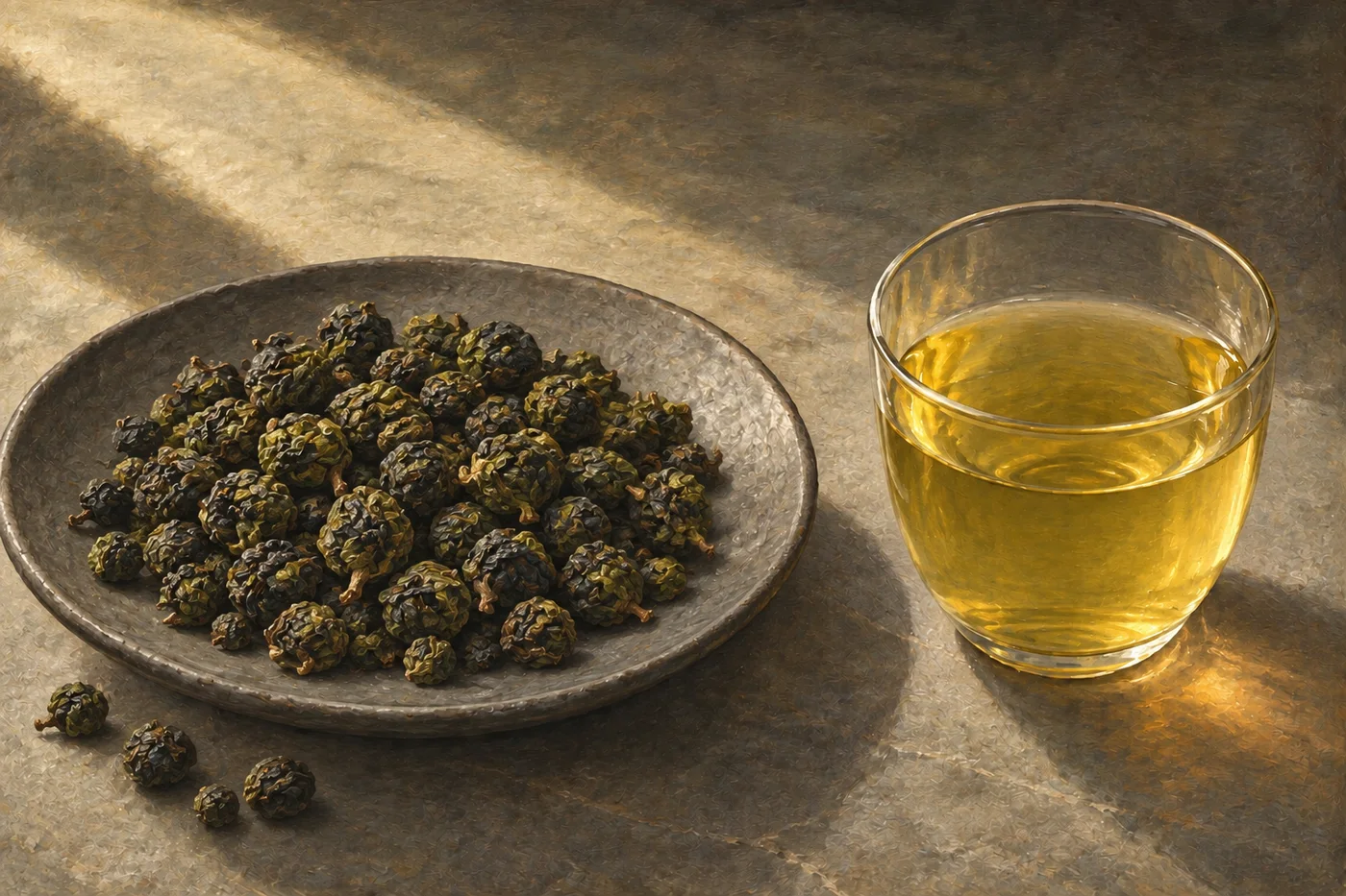 Tightly rolled emerald and olive Alishan oolong leaves beside clear honey-yellow liquor.