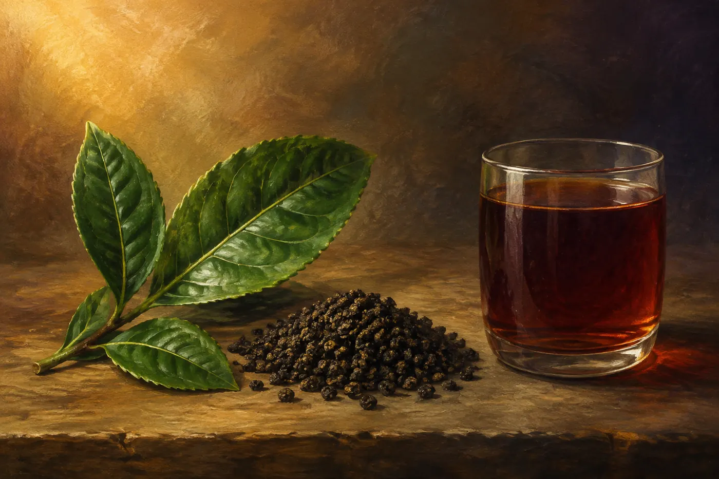 Broad assamica leaves, dark granular tea and deep red-brown liquor on stone.