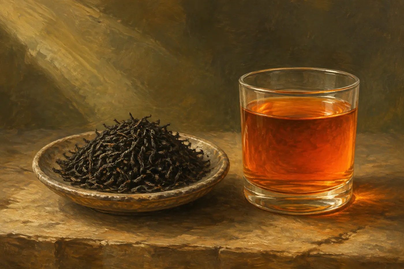Wiry black Ceylon tea and bright copper-orange liquor under warm light.