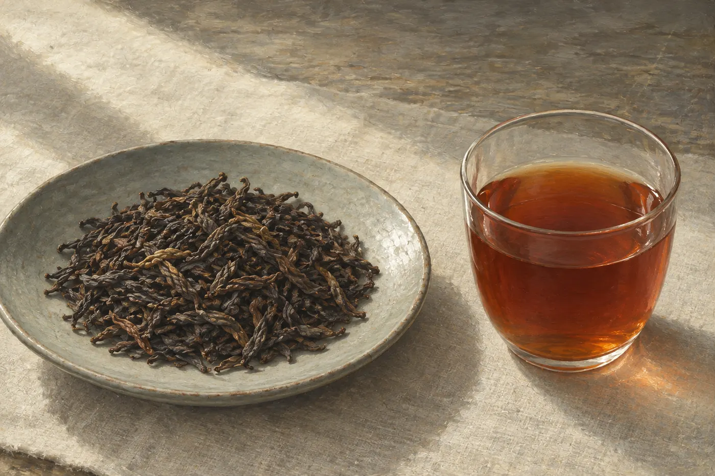 Neat dark Cornish black tea leaves beside a clear russet liquor on pale linen.