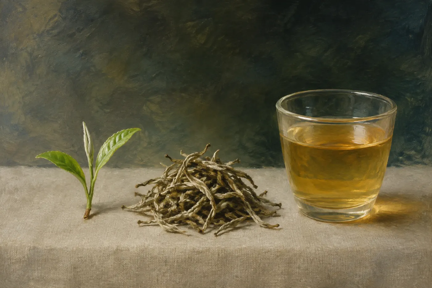 Delicate tipped leaf, wiry pale dry tea and light golden liquor on linen.