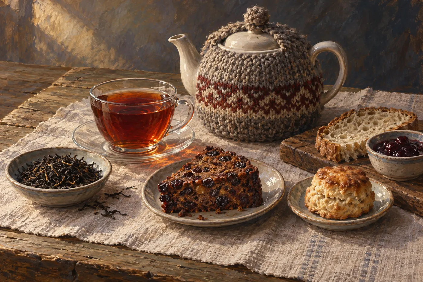 Loose black tea, red-amber liquor, torta galesa, a scone, bread and fruit preserve arranged around a knitted tea cosy.