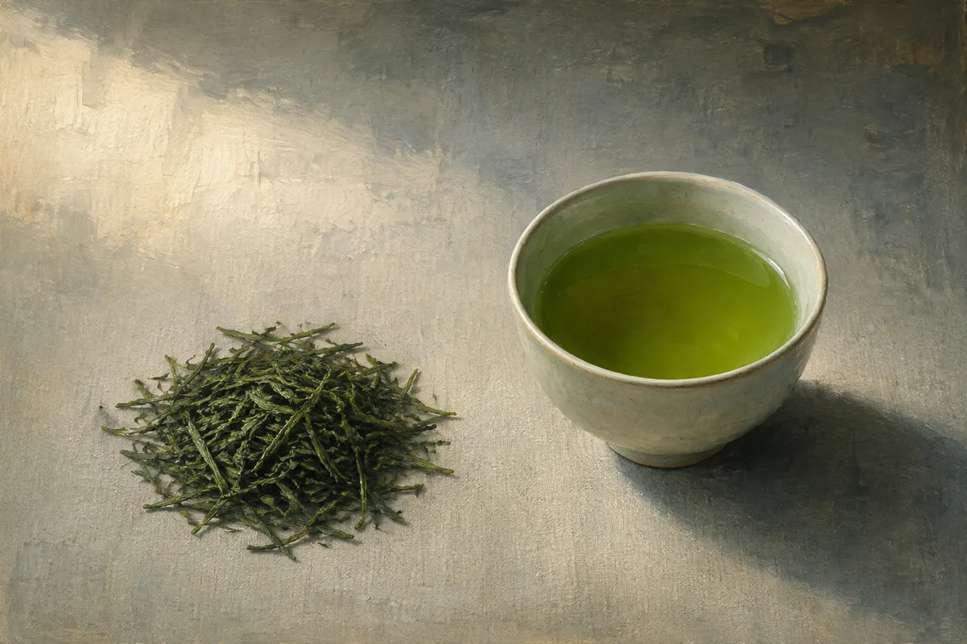 Needle-shaped green tea and vivid jade liquor in a small plain cup.