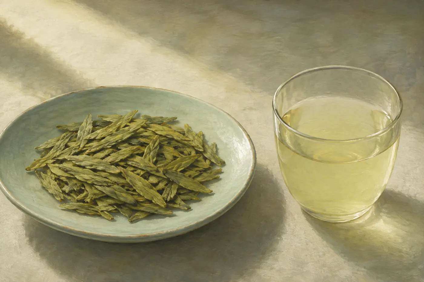 Pressed pale-green Longjing leaves beside a very pale yellow-green liquor.