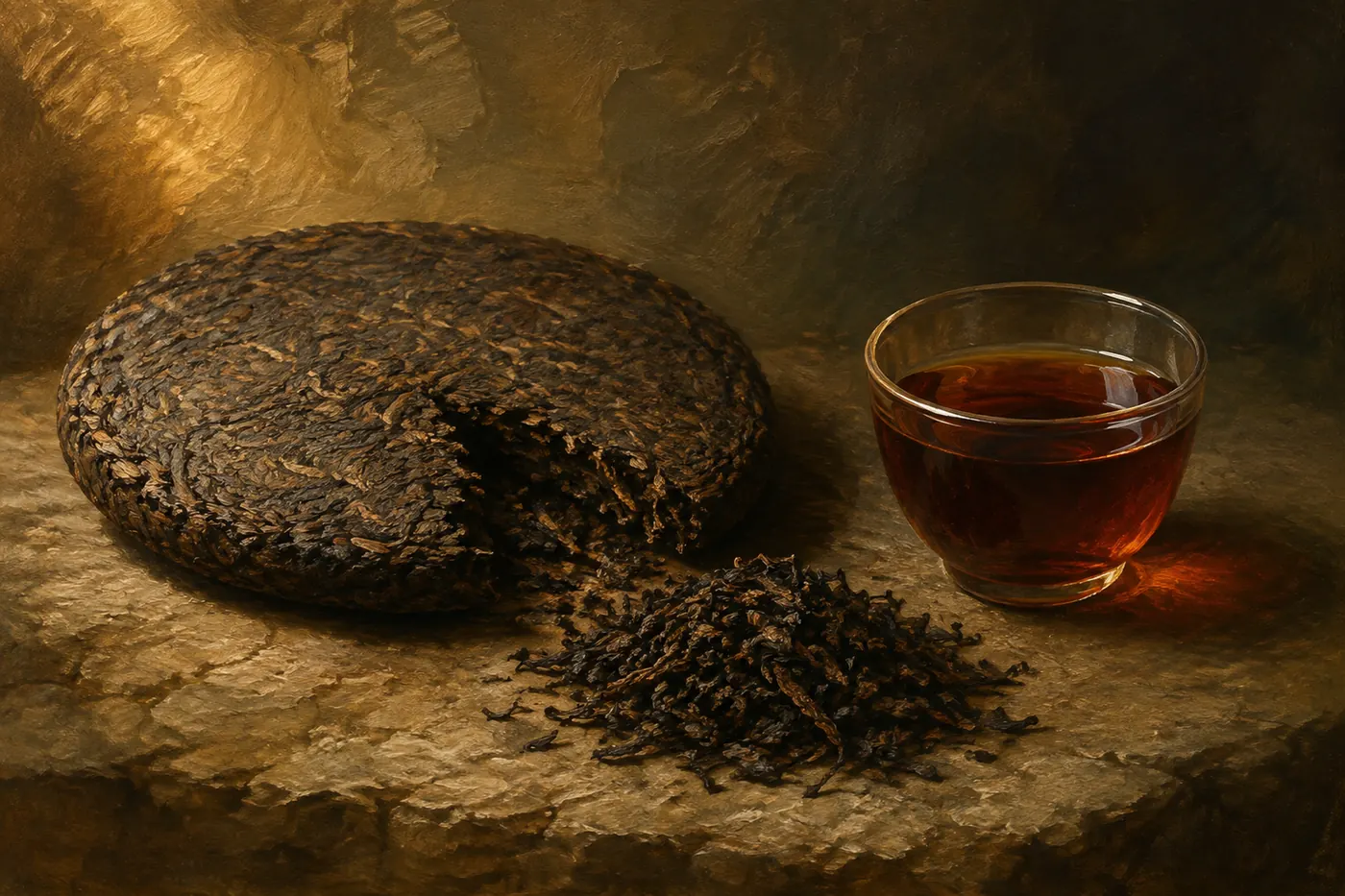 Compressed pu-erh cake, loose dark leaf and deep russet liquor on stone.