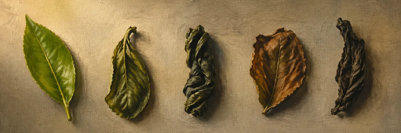 Five tea leaves showing the journey from fresh green leaf to finished dry tea.