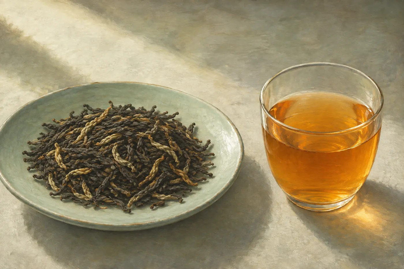 Fine wiry Temi black tea with pale golden tips beside a bright copper-gold liquor.
