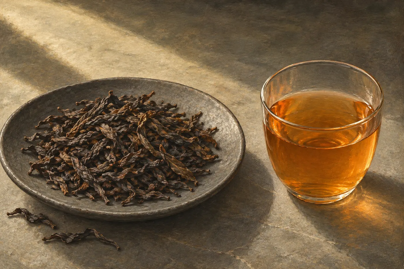 Long twisted charcoal-brown Wuyi oolong leaves beside clear amber-orange liquor on dark stone.