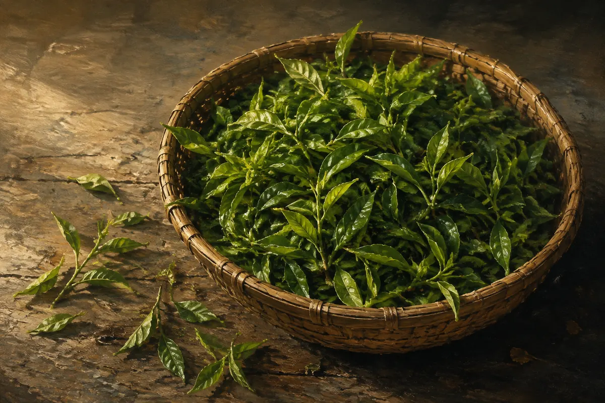 A woven basket filled with freshly picked tea leaves on worn wood.