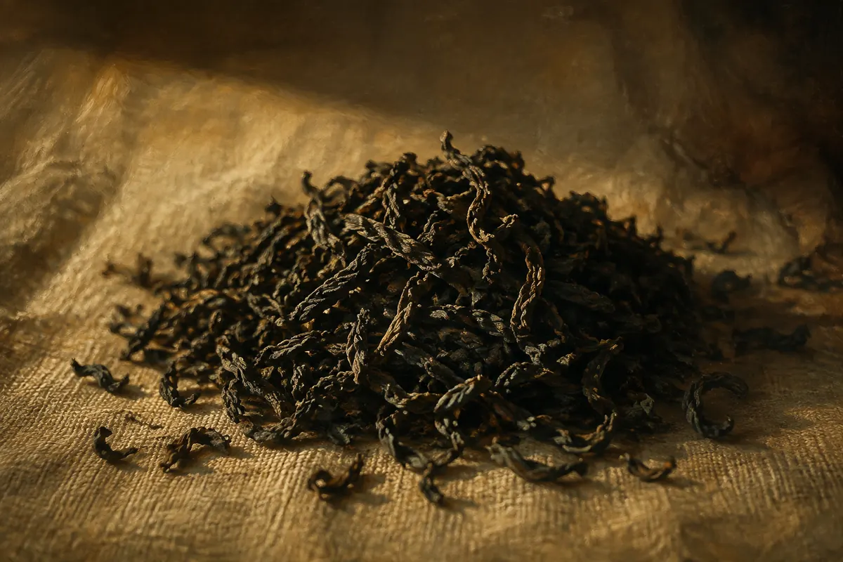 A loose heap of finished dry tea leaves on unbleached linen.