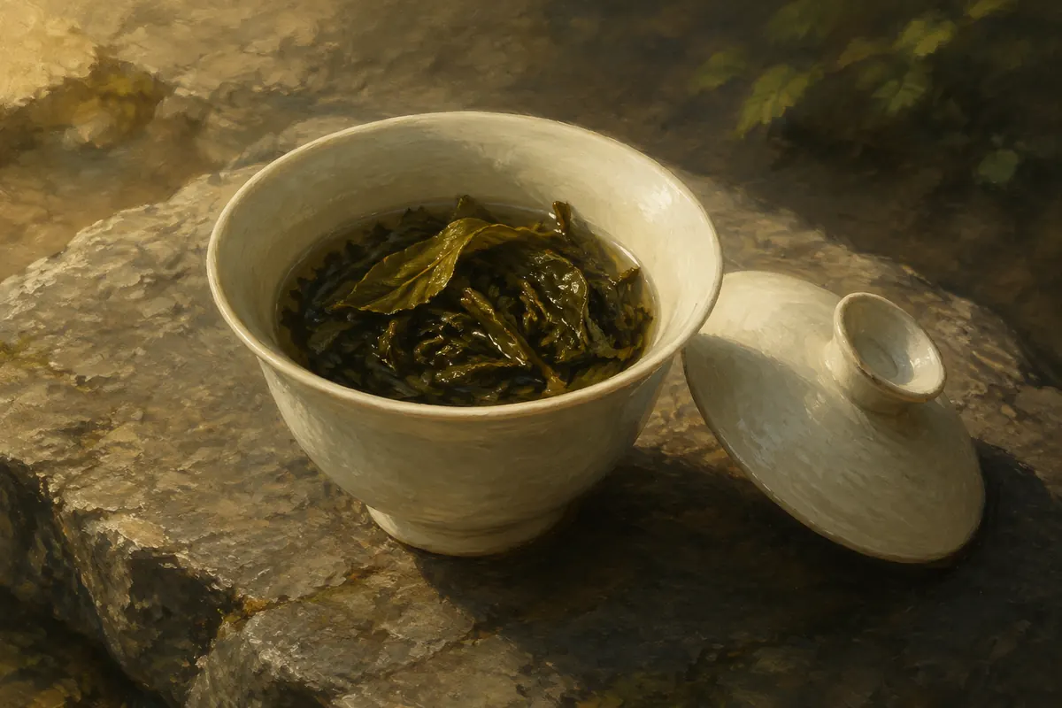 An open white gaiwan filled with wet tea leaves on stone.