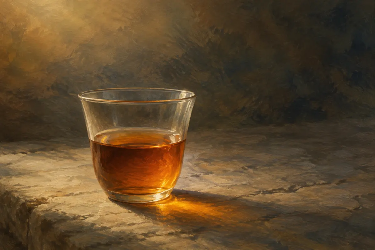 Amber tea liquor glowing through a plain glass on stone.