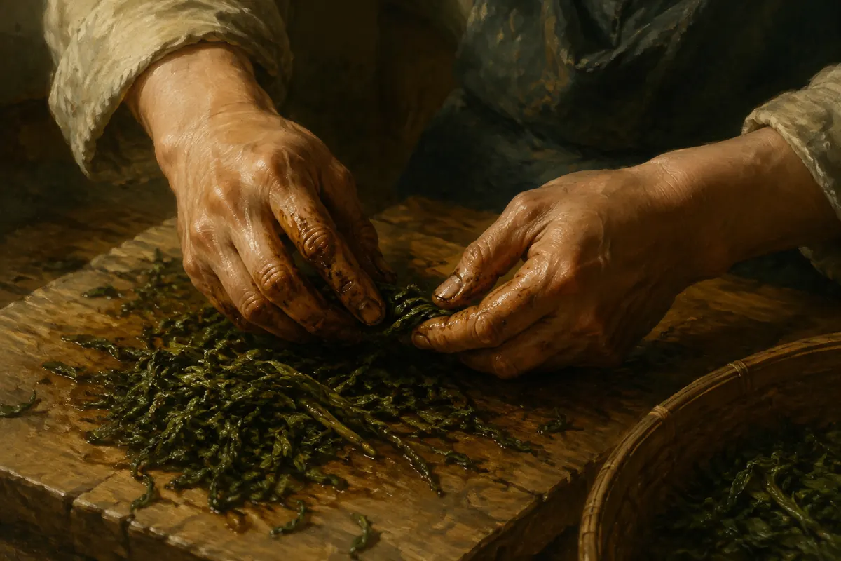 Hands rolling wilted tea leaves into twists on a wooden board.