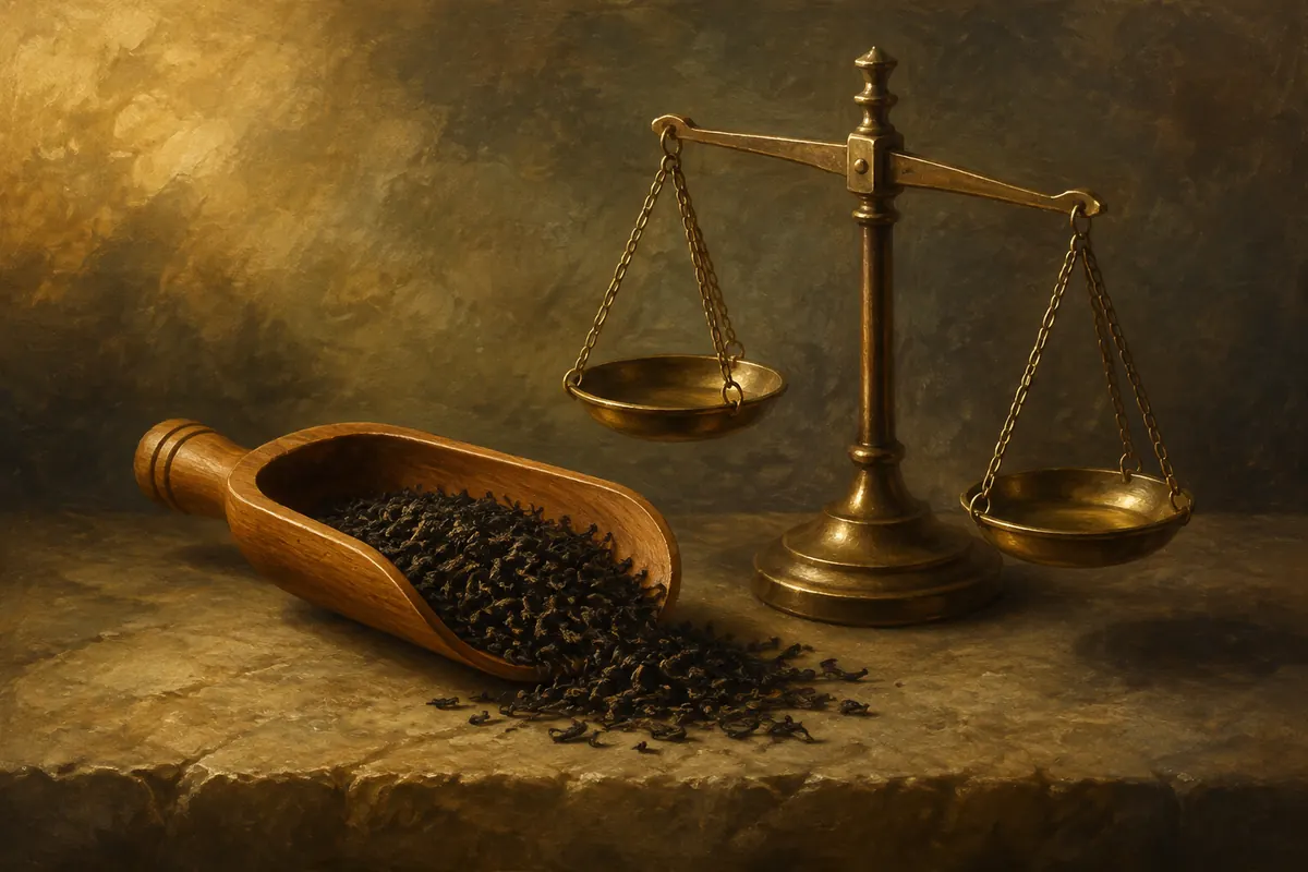 Dry tea leaves in a wooden scoop beside a small brass balance.