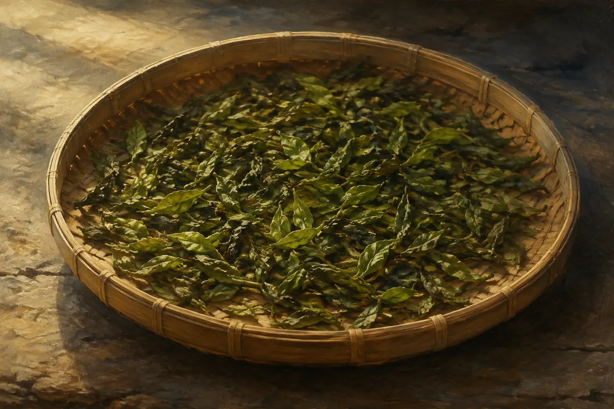 Fresh tea leaves wilting in a shallow bamboo tray under late light.