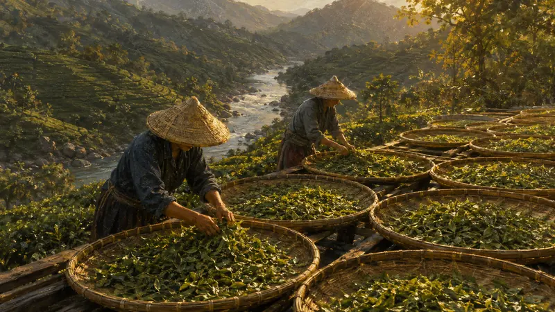 Tea workers turning fresh leaves in woven trays beside a river valley.