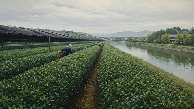 Tea workers receding between precise clipped Uji rows under black shade covers beside a calm clear river.