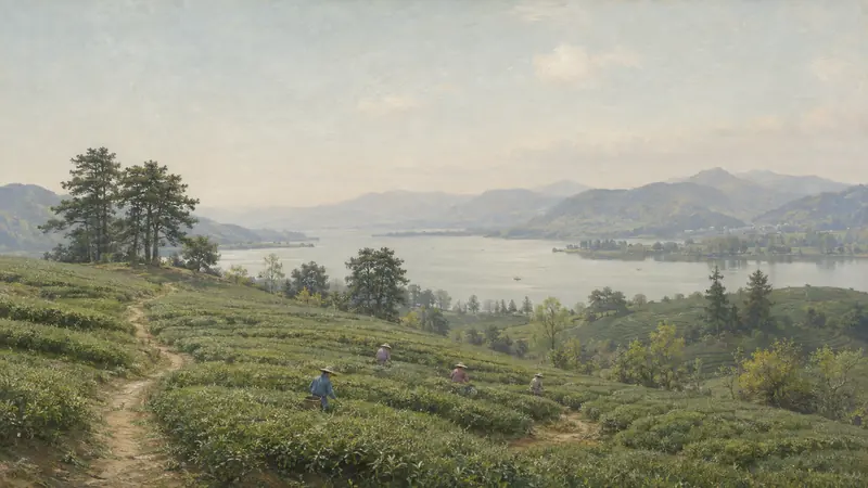 Small tea workers scattered across rounded Longjing hills above broad calm spring water under a generous pale sky.