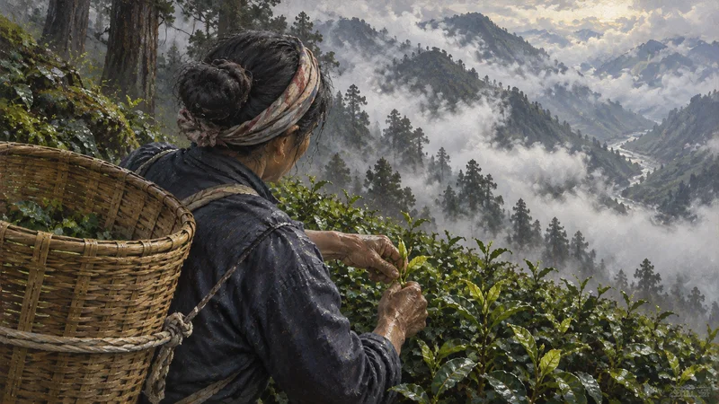 A Taiwanese tea picker seen over the shoulder in a rain-wet Alishan garden above cloud and the upper Zengwen valley.